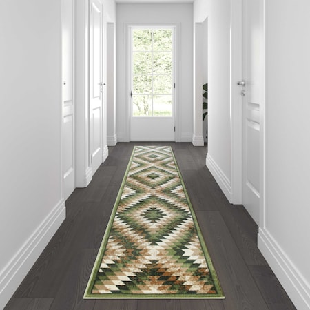 Green 2' X 11' Diamond Patterned Area Rug